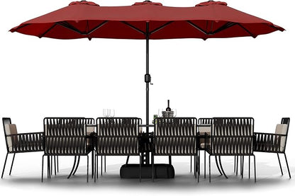 Shintenchi 16FT Large Patio Umbrella with Base, Outdoor Double-Sided Rectangular Umbrella, Market Umbrella with Crank Handle for Poolside Lawn Garden, Red