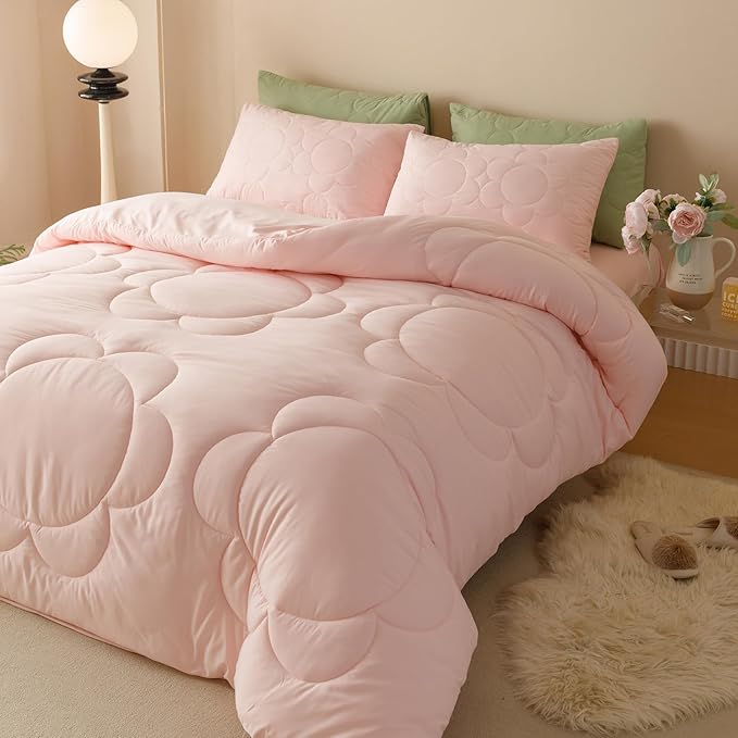 CLOTHKNOW Pink Floral Twin/Twin XL Comforter Set 3Pcs Daisy Puff Bedding Comforter Sets Boho Comforter Soft Pink Comforter Sets