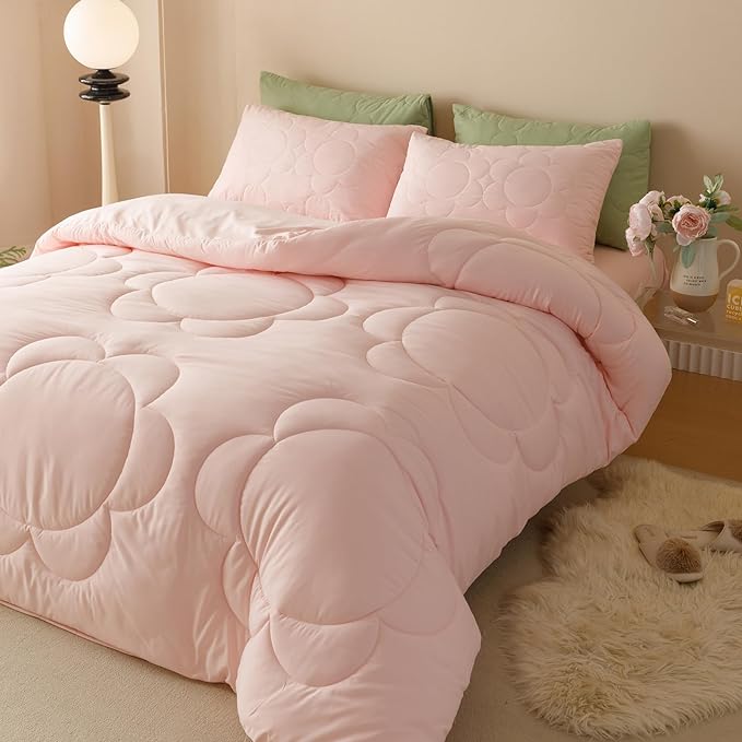 CLOTHKNOW Pink Full Size Comforter Sets 3Pcs Daisy Puff Bedding Comforter Sets Soft Blush Boho Comforter Pink Comforter with 2 x Pillowcases