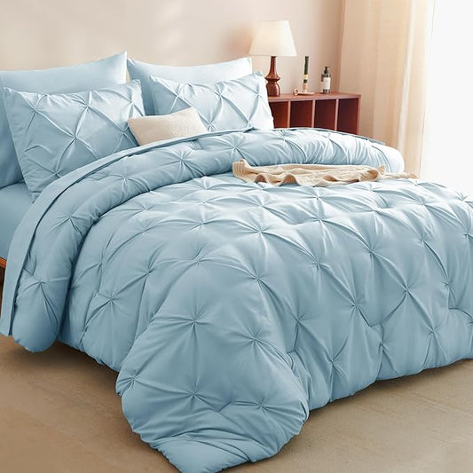 CozyLux Full Size Comforter Sets Light Blue, 7 Pieces Pintuck Bed in A Bag Blue Comforter Full Size, Pinch Pleat Bedding Sets with All Season Comforter, Sheets, Pillowcases & Shams