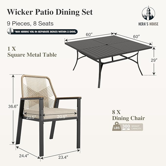 HERA'S HOUSE 9 Pieces Patio Table and Chairs Set, Outdoor Dining Set for 8, 8 x Rattan Patio Chairs and 1 x 60 Square Metal Dining Table, Outdoor Rattan Dining Table Set for Lawn Garden Backyard