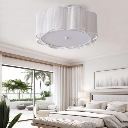 17.7" Rattan Flush Mount Ceiling Light, 3-Light Boho Close to Ceiling Light Fixtures, Rattan Bedroom Ceiling Light, Farmhouse Large Drum Chandelier for Dining Room, Kitchen, Hallway(White)