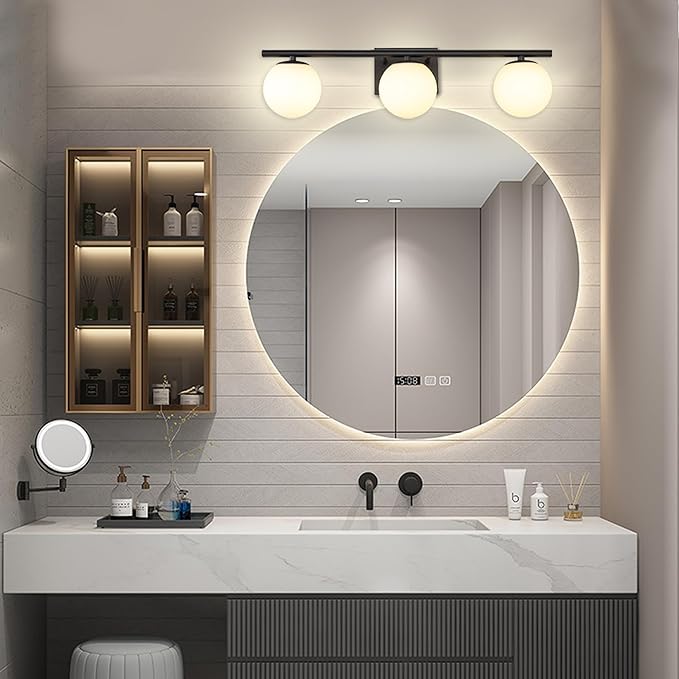New Bathroom Vanity Light Fixtures 3 Lights Brushed Black Milk White Globe Glass Shade Modern Wall Bar Sconce Over Mirror (Exclude G9 Bulb)