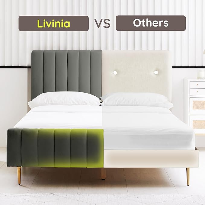 Livinia Full Size Elton Velvet Platform Bed, Upholstered Bed Frame with Vertical Channel Tufted Headboard Footboard, Strong Wood Slats, No Box Spring Needed, Gray (Full)
