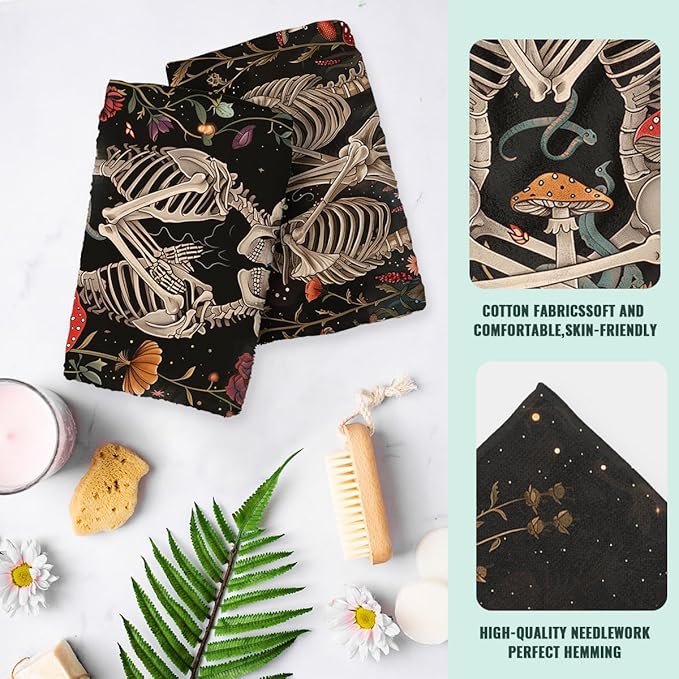 Mushroom Skull Kitchen Dish Towels Set Decorative Absorbent Tea Towels Funny Hand Towels 16x24 Skeleton Floral Gift
