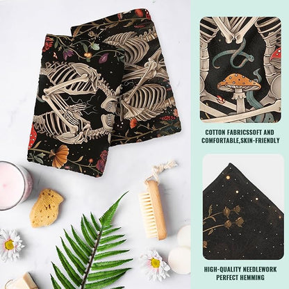 Mushroom Skull Kitchen Dish Towels Set Decorative Absorbent Tea Towels Funny Hand Towels 16x24 Skeleton Floral Gift
