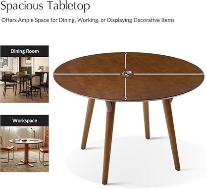 HULALA HOME Round Dining Table for 4, 45” Solid Wood Ktichen Table, Small Dinner Coffee Writing Table for Kitchen Dining Room, Save Space, Walnut