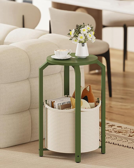 TUTOTAK Small Side Table, Round End Table, Night Stand, Bedside Table, Sofa Table with Storage Basket, Living Room, Bed Room, Olive Green TB01BOG092