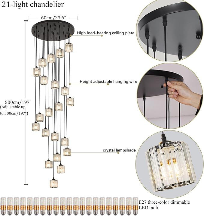 Long Chandeliers for High Ceilings,Modern Crystal Pendant Light,Raindrop Drop Lamp,Hanging Lighting Fixtures for Spiral Staircase,Foyer,Entryway,Living Room,Black (21 Lights)