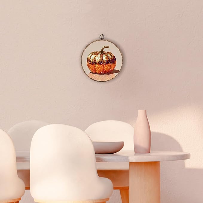Hxlac Disco Pumpkin Round Wall Art Framed, Glam Disco Ball Orange Pumpkin Round Wall Decor, Trendy Fall Halloween Hanging Canvas Prints Wall Sculptures for Home Living Room Decor, 10x10 Inch