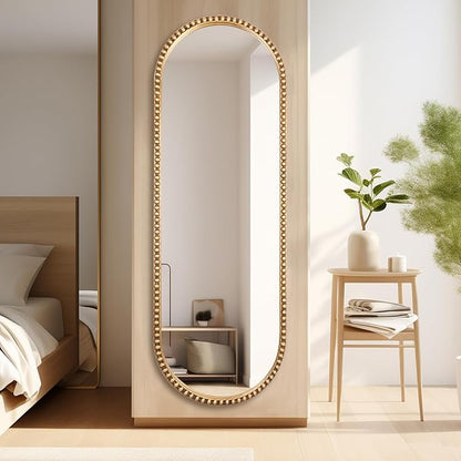 Oval Full Length Wall Mirror, 20"x53" Metal Beaded Frame Large Hanging Dressing Floor Mirror for Bedroom, Living Room, Entryway, Antique Gold (No Stand)