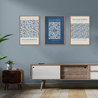 HOURIA William Morris Floral Framed Canvas Wall Art Set,Navy Blue White Flower Wall Decor,Retro Textured Botanical Artwork,Modern Neutral Blossom Art Print for Living Room,Bedroom,Office-16 x24 x3