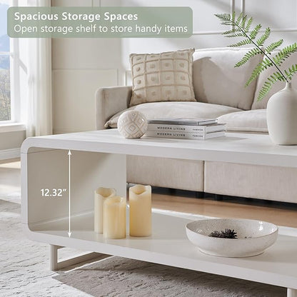 48" Modern Coffee Table, 2-Tier Minimalist Center Table with Storage Shelf, Curved Profile Design, Wooden Rectangular Living Room Table w/Wood Thick Design for Living Room, Office, White
