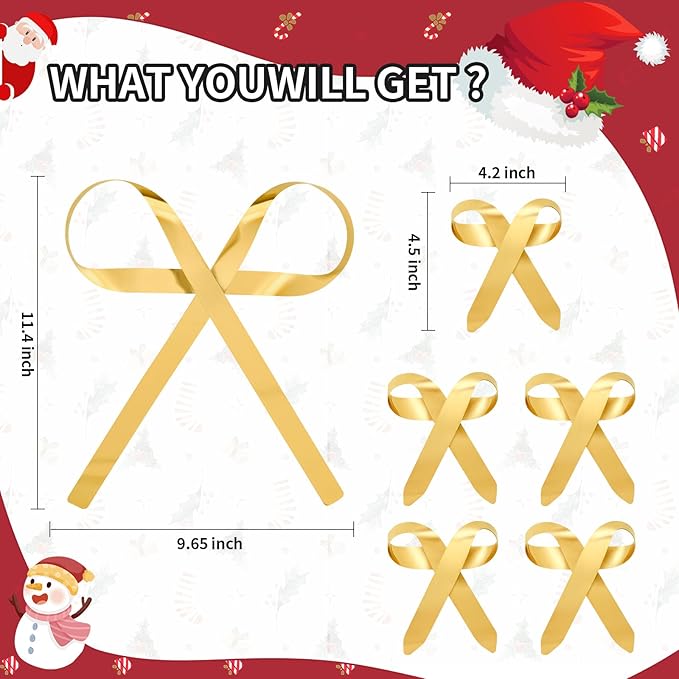 6 Pcs Large Christmas Metal Bow Tree Topper Ornaments with Clip, Bows-Gold Christmas Bow Decoration for Wreath, Garland, Indoor Outdoor,1 Large 5 Small Gold Bows (9.6x11.4 & 4.2x4.5 in)