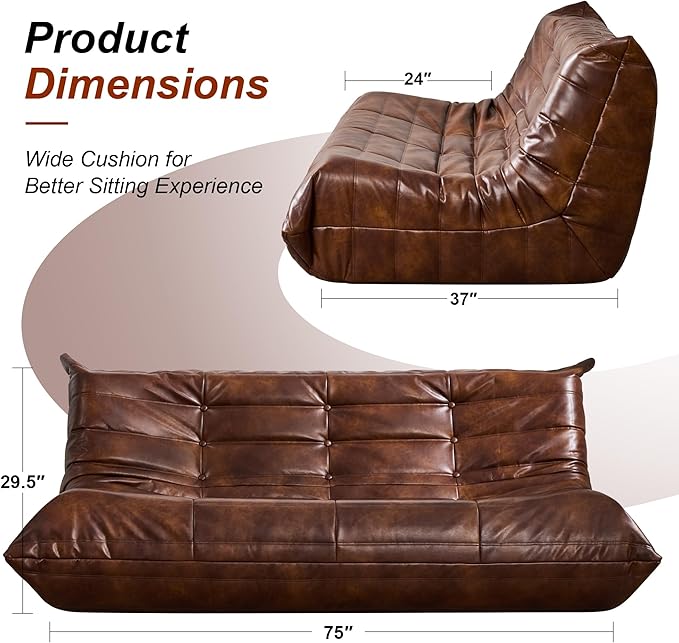 Hobestluk Bean Bag Chair Giant Bean Bag Sofa 3 Seater Bean Bag Chairs for Adults, Loveseat Floor Chair, Leather Bean Bag Chairs for Living Room Bedroom Office (Brown, 3-Seater)