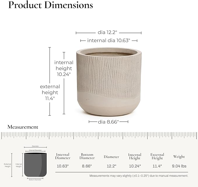 LuxenHome 12 Inch Dia Round Concrete Planter, Indoor Outdoor Large Plant Pot with Drainage Hole and Rubber Plug, Decorative Flower Pot for Plants, Blended Tan Tapered Planter for Home Patio Garden