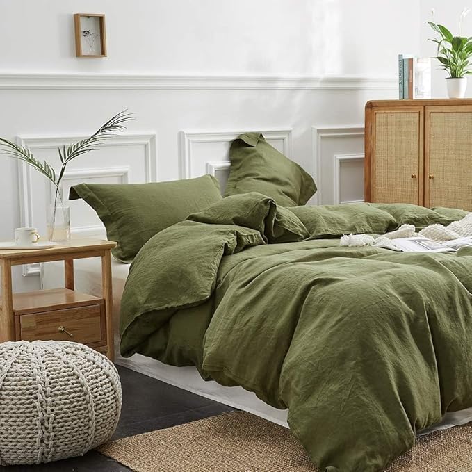 Simple&Opulence 100% Linen Duvet Cover Set, 3 PCS Natural French Flax Olive Green Duvet Cover Full Size, Breathable Soft Comfy Linen Bedding Comforter Cover with 2 Pillowcases(Olive Green, 78"x86")
