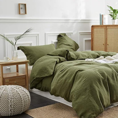 Simple&Opulence 100% Linen Duvet Cover Set, 3 PCS Natural French Flax Olive Green Duvet Cover Full Size, Breathable Soft Comfy Linen Bedding Comforter Cover with 2 Pillowcases(Olive Green, 78"x86")