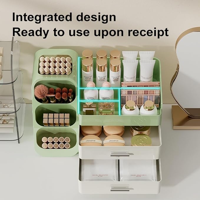 Makeup Organizer with Drawers for Vanity,Spacious Cosmetic Display Case,Perfect Storage Solution for Your Beauty Essential (Green and Cream)