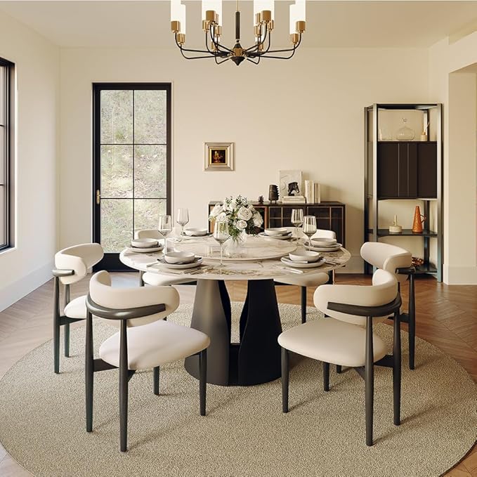 POVISON Round Dining Table for 6, 59" Modern Round Dining Room Table with Lazy Susan, Pandora Sintered Stone Dining Tabletop with Black Carbon Steel Pedestal (Dining Table Only)