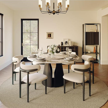 POVISON Round Dining Table for 6, 59" Modern Round Dining Room Table with Lazy Susan, Pandora Sintered Stone Dining Tabletop with Black Carbon Steel Pedestal (Dining Table Only)