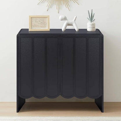 ORRD Sideboard Buffet Cabinet, Accent Storage Cabinet with 2 Doors, Farmhouse Wood Cabinets with Adjustable Shelves and Wave Panel for Living Room, Dining Room, Entry - Black