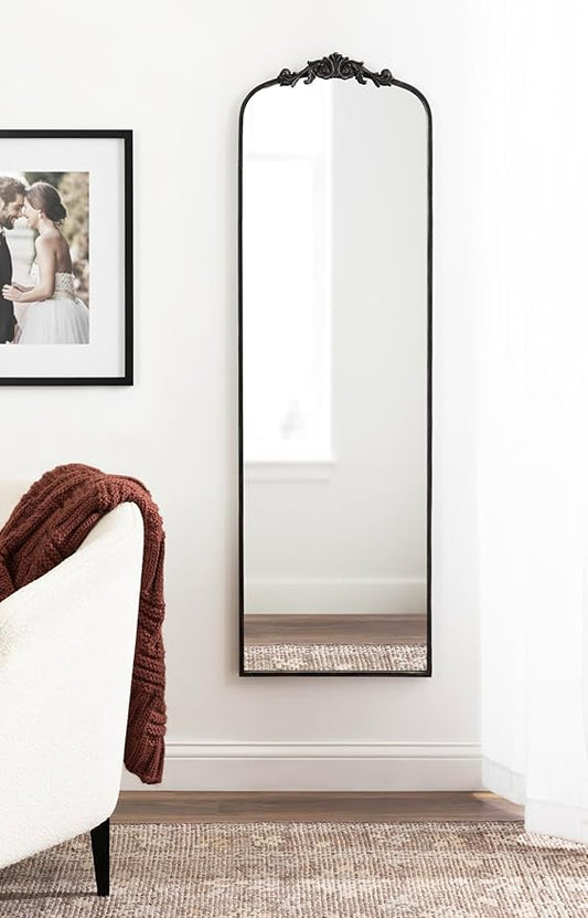 Kate and Laurel Arendahl Vintage Arched Tall Panel Mirror, 18 x 58, Antique Black, Traditional Baroque Full Length Mirror with Ornate Garland Inspired Crown for Bedroom Body Mirror Decor