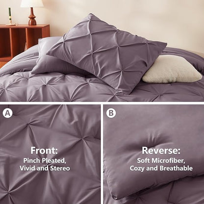 CozyLux Full Size Comforter Sets Grayish Purple, 7 Pieces Bed in A Bag Purple Comforter Full Size, Pinch Pleat Bedding Sets with All Season Comforter, Sheets, Pillowcases & Shams