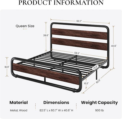 SHA CERLIN Queen Size Metal Bed Frame with Wooden Headboard and Footboard, Heavy Duty Oval-Shaped Platform Bed with Under-Bed Storage, Noise Free, No Box Spring Needed, Mahogany