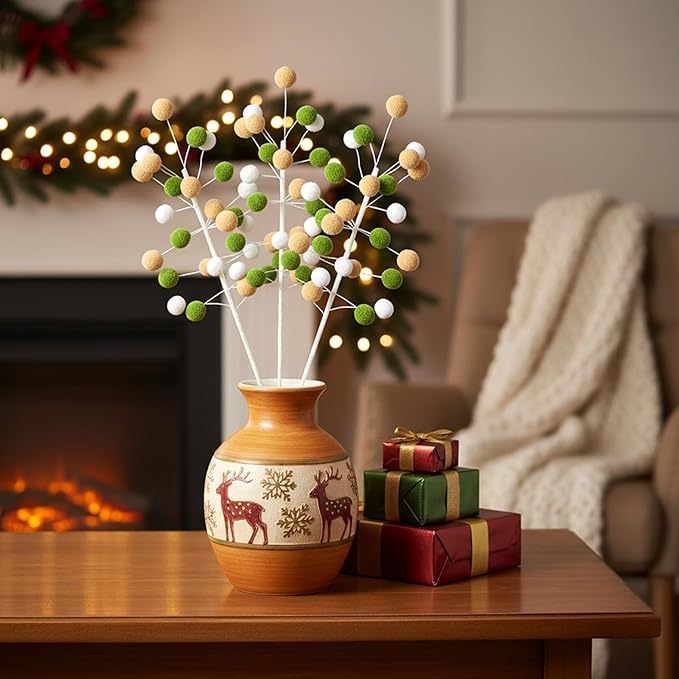 6 Pcs Green Khaki Pom Poms Christmas Decorations & Felt Christmas Picks and Sprays DIY Xmas Tree Toppers, Festive Tree Filler & Decor (KhakiGreen)