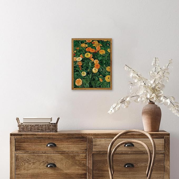 KBKBART Vintage Wall Art Home Decor, Framed Canvas Wall Art Colorful Marigolds Flowers Painting Picture, Vintage Antique Moody Wall Decor Prints for Bedroom Bathroom Decor(8"x10")