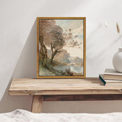 KBKBART Framed Canvas Wall Art Vintage Southwest Decor, Retro Neutral Landscape Riverside Botanical Art Prints Painting, Rustic Farmhouse Wall Decor Ready To Hang for Bedroom, Bathroom, Living Room,