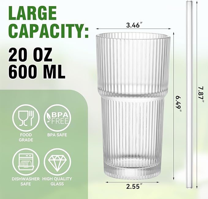 20 oz Glass Cups and Straw 4 Set, Glass Tumbler with Straw, Vintage Glassware for Whiskey Cocktail Beer, Iced Coffee Cups (4 PACK)