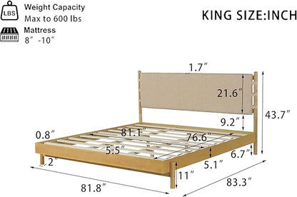 Premium Rubber Wood Platform Bed Frames, King Size Headboard Included, Mid Century Modern Beds, Beige