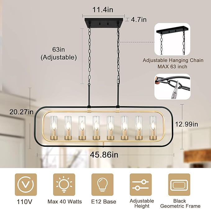 Dining Room Light Fixture, 8 Lights Modern Farmhouse Chandelier Kitchen Island Lights Black and Gold Linear Chandeliers for Dining Room, 46" Large Pendant Lights with Clear Glass