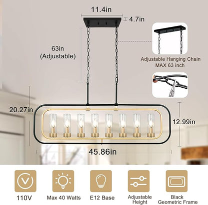 Dining Room Light Fixture, 8 Lights Modern Farmhouse Chandelier Kitchen Island Lights Black and Gold Linear Chandeliers for Dining Room, 46" Large Pendant Lights with Clear Glass