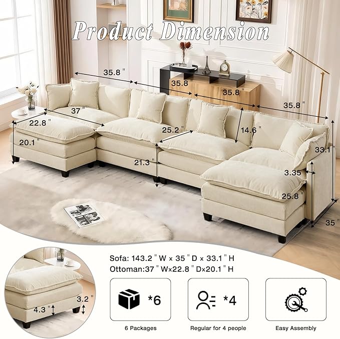SoarFlash 143.2" Chenille Sectional Sofa, Comfy U Shaped Modular Coush Sofa with Ottoman, Modern 4 Seat Couch Deep Seat Sofa Set for Living Room,Beige
