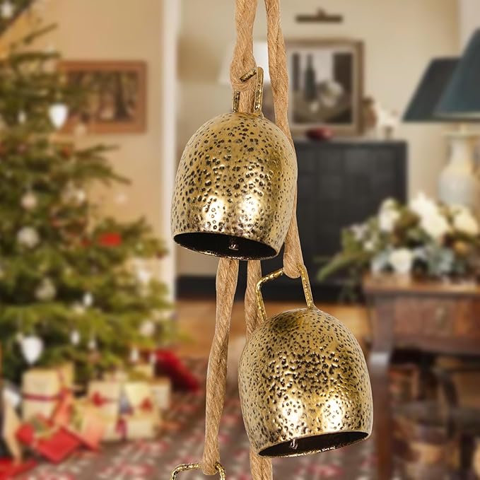 Styleonme Christmas Decoration Bells, Jute Rope Metal Decorative Cow Bells, Christmas Bells for Decoration, Brass Vintage Handmade Country-Style, 2025 Christmas Ornament