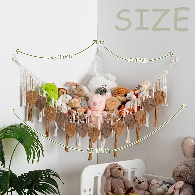 Pretty Jolly Stuffed Animal Storage with Hand Woven Leaf Tassels Hammock Corner Hanging Net Boho Macrame Plush Storage for Kid Room Nursery Decor Wall Display for Girls Gift(Coffee)