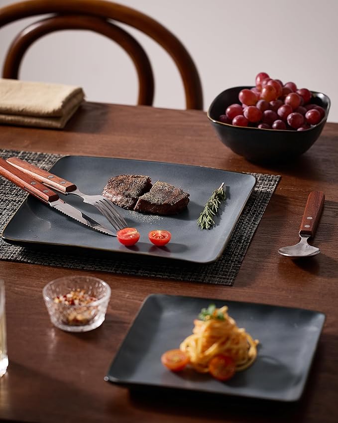 Famiware Dinnerware Sets for 8, Ocean Square 24-Piece Kitchen Plates and Bowls Sets, Microwave and Dishwasher Safe, Scratch Resistant, Matte Black