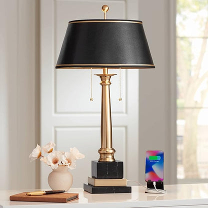 Barnes and Ivy Georgetown 28 1/2" Tall Traditional Table Lamp with USB Charging Ports A+C Warm Brass Steel Black Gold Trim Drum Shade for Living Room Bedroom Nightstand Bedside Office House