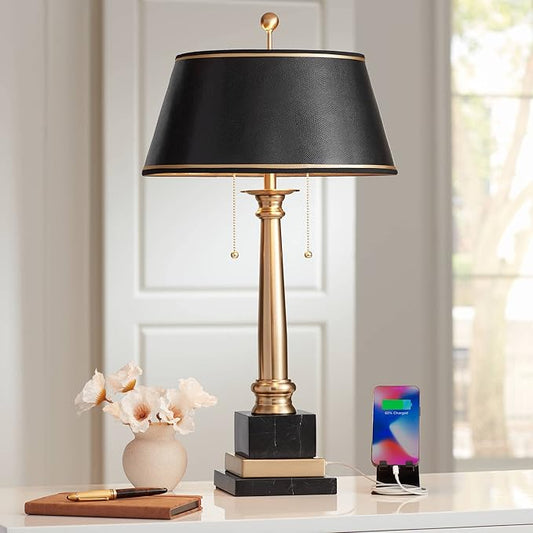 Barnes and Ivy Georgetown 28 1/2" Tall Traditional Table Lamp with USB Charging Ports A+C Warm Brass Steel Black Gold Trim Drum Shade for Living Room Bedroom Nightstand Bedside Office House