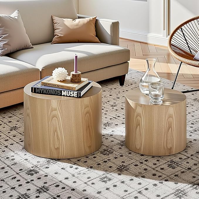 Nesting Coffee Table Set of 2, Modern Round Coffee Table with Non-Slip Feet, Oak Wooden Circle Accent Tables for Small Spaces Living Room Bedroom Balcony Office Drum Side Table