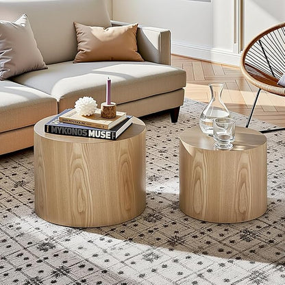 Nesting Coffee Table Set of 2, Modern Round Coffee Table with Non-Slip Feet, Oak Wooden Circle Accent Tables for Small Spaces Living Room Bedroom Balcony Office Drum Side Table