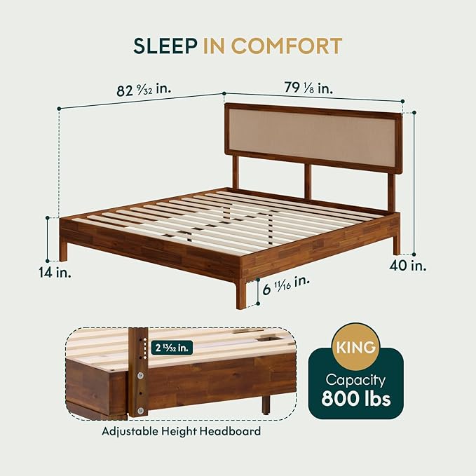 Bme Nipe Bed Frame with Headboard, Bohemian and Mid-Century Modern Style, Solid Acacia Wood Platform Bed with Slat Support, No Box Spring Needed, Easy Assembly, King - Dark Chocolate