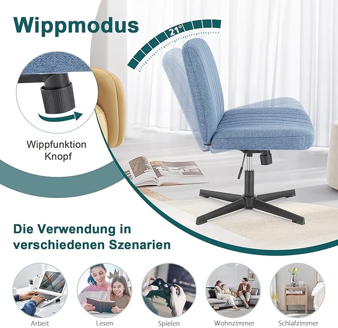 DUMOS Criss Cross Legged Office Chair, Armless Wide Seat No Wheels, Modern Home Desk Height Adjustable Swivel Fabric Vanity Seating for Bedroom