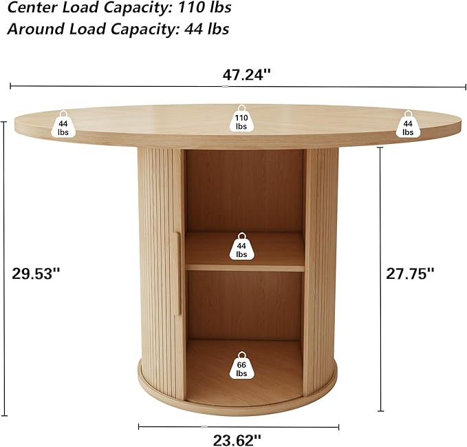 47 inch Round Dining Table for 4, Kitchen Table Dinner Table with 2-Layer Storage Shelf and Wood Slide Door for Home Dining Room Living Room (Natural)