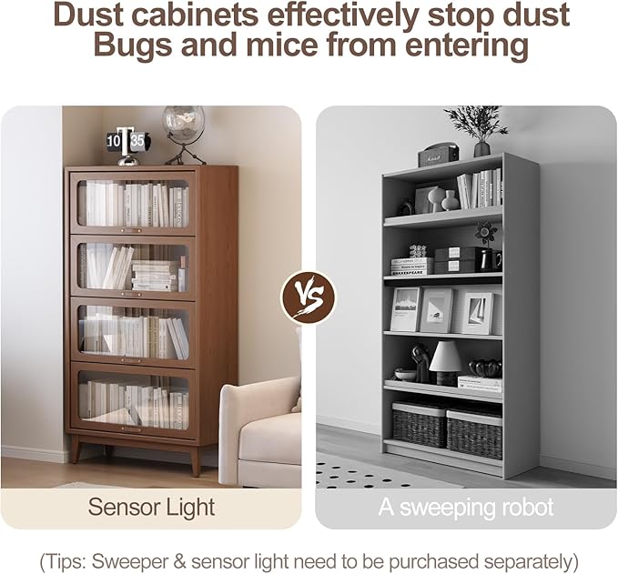 Solid Wood Bookcase 4-tire with Tempered Glass Flip-Up Doors,60Hx32Dx13.7W Bookshelves Finish Cube Storage Organizer,Bookshelf Versatile Pantry Cabinet for Living Room Home Office