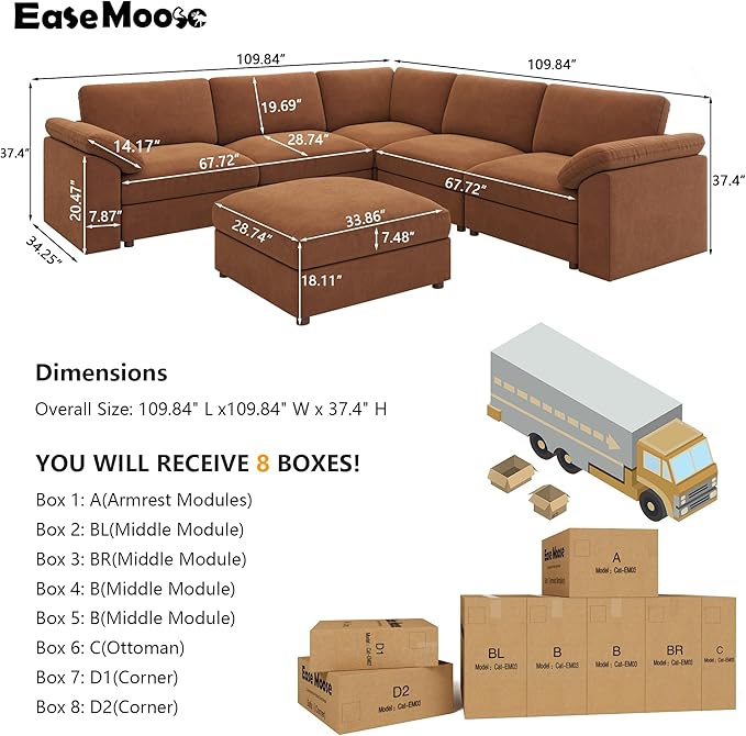 EASE MOOSE Oversized Sectional Modular Sofa，Large L Shape Sectional Couch Wide Deep Brown Modular Sofa Couch