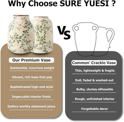 Green Vintage Vase, Chinoiserie Floral Vases, Retro Ice Cracked Ceramic Large Vases for Home Decors, Living Room, Bookshelf, Office, Grand Millennial Decor, Chinoiserie Decors, Tuscan Decor 7.8 Inch